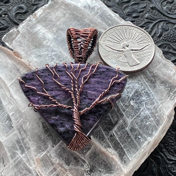 Copper Wire Wrapped Tree Of Life Charoite Crystal Pendant - Picture 7 of 8